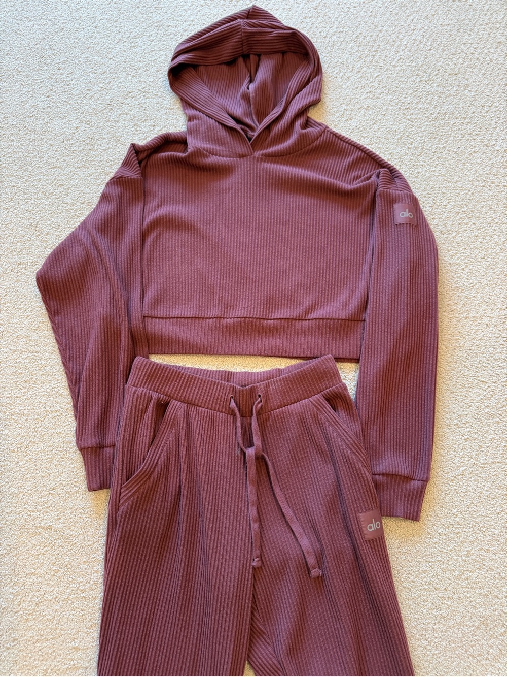 ALO Yoga Ribbed Hoodie and Joggers Set - Burgundy Truffle